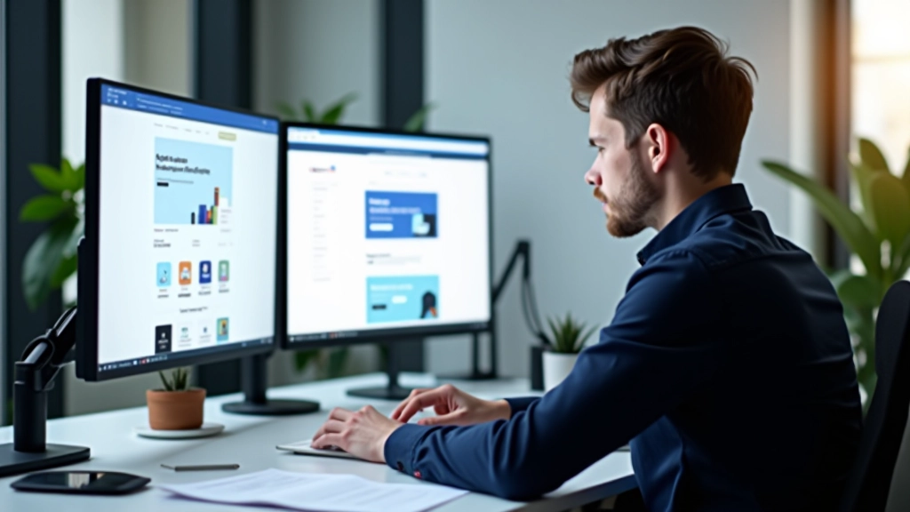 Pracovní prostor designéra s více monitory zobrazujícími návrhy landing page